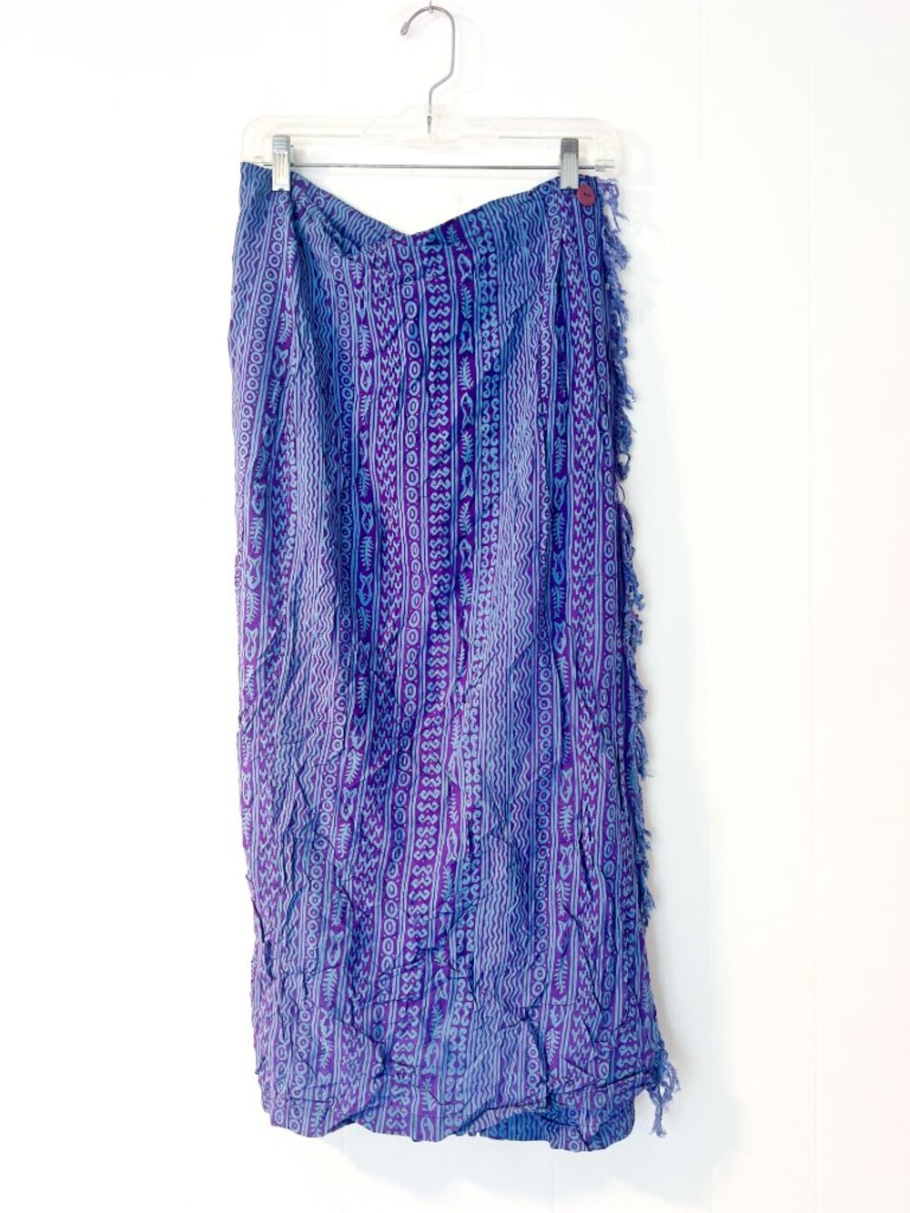 Vintage 80s Java Wraps Batik Wrap Skirt Rayon Fringe Blue L Fits More Like M - Picture 2 of 9